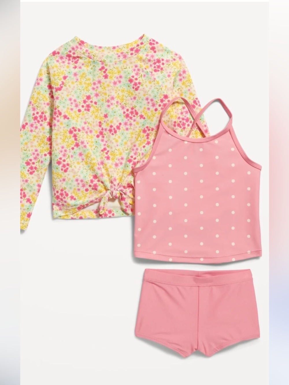 Old Navy 3-Piece Girls Swim Set - Pink Polka Dot Tankini & Floral Rash Guard